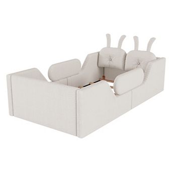 Lufeiya Kids Twin Upholstered Platform Bed with Rabbit Cushions with Removable Safety Rails
