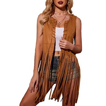 Zeagoo Womens Fringe Faux Suede Vest Sleeveless Cardigan Western Hippie Cowboy Disco Outfit