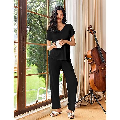 Ekouaer Women’s Soft Pajama Set Short Sleeve Top and Long Pants