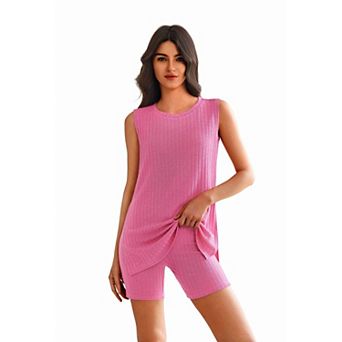 Elouaer Womens Pajamas Two Piece Lounge Set Sleeveless Ribbed Knit Sleepwear