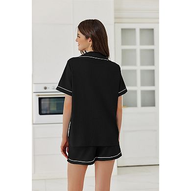 Ekouaer Womens Waffle Knit Pajama Sets Soft Short Sleeve Button Down Sleepwear Cozy Two Piece Set