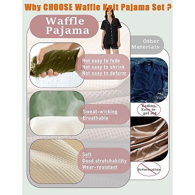 Ekouaer Womens Waffle Knit Pajama Sets Soft Short Sleeve Button Down Sleepwear Cozy Two Piece Set