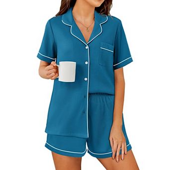 Ekouaer Womens Waffle Knit Pajama Sets Soft Short Sleeve Button Down Sleepwear Cozy Two Piece Set