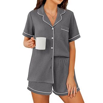 Ekouaer Womens Waffle Knit Pajama Sets Soft Short Sleeve Button Down Sleepwear Cozy Two Piece Set