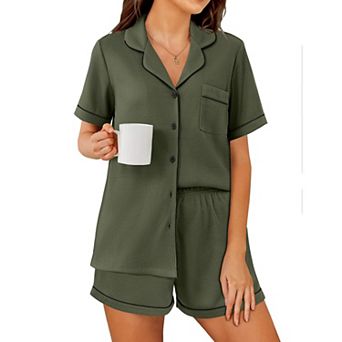 Ekouaer Womens Waffle Knit Pajama Sets Soft Short Sleeve Button Down Sleepwear Cozy Two Piece Set