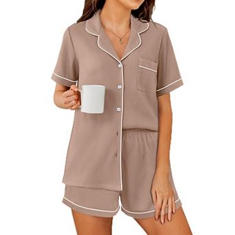 Ekouaer Womens Waffle Knit Pajama Sets Soft Short Sleeve Button Down Sleepwear Cozy Two Piece Set