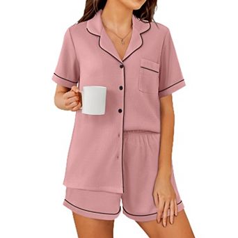 Ekouaer Womens Waffle Knit Pajama Sets Soft Short Sleeve Button Down Sleepwear Cozy Two Piece Set
