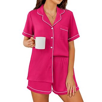 Ekouaer Womens Waffle Knit Pajama Sets Soft Short Sleeve Button Down Sleepwear Cozy Two Piece Set