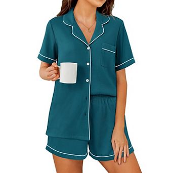 Ekouaer Womens Waffle Knit Pajama Sets Soft Short Sleeve Button Down Sleepwear Cozy Two Piece Set
