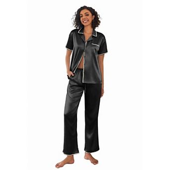 Ekouaer Silk Pajamas for Women Set Satin Two Piece Pjs Sets Ric Rac Trim Contrast Loungewear