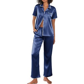 Ekouaer Silk Pajamas for Women Set Satin Two Piece Pjs Sets Ric Rac Trim Contrast Loungewear