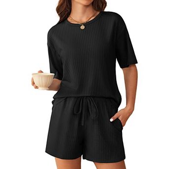 Ekouaer Pajamas Set Ribbed Knit Lounge Sets for Women Pjs Shorts Two Piece Shorts Outfits