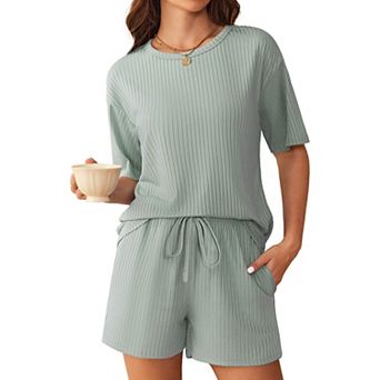 Ekouaer Pajamas Set Ribbed Knit Lounge Sets for Women Pjs Shorts Two Piece Shorts Outfits