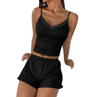 Ekouaer Cami Pajama Sets YK Two Piece Lace Crop Top and Shorts Pjs Summer Lingerie for Women
