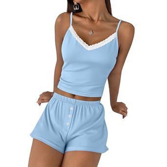 Ekouaer Cami Pajama Sets YK Two Piece Lace Crop Top and Shorts Pjs Summer Lingerie for Women