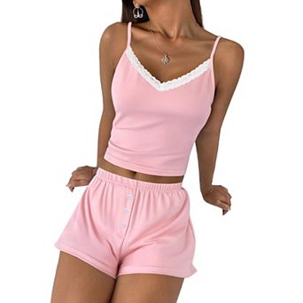 Ekouaer Cami Pajama Sets YK Two Piece Lace Crop Top and Shorts Pjs Summer Lingerie for Women