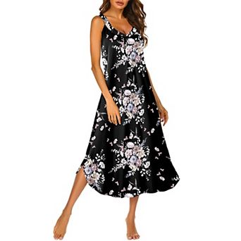 Ekouaer Sleeveless Nightgowns Long Nightgown Pleated Full Length Tank Sleep Dress Slit Dress