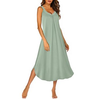 Ekouaer Sleeveless Nightgowns Long Nightgown Pleated Full Length Tank Sleep Dress Slit Dress