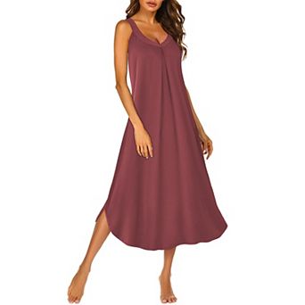 Ekouaer Sleeveless Nightgowns Long Nightgown Pleated Full Length Tank Sleep Dress Slit Dress