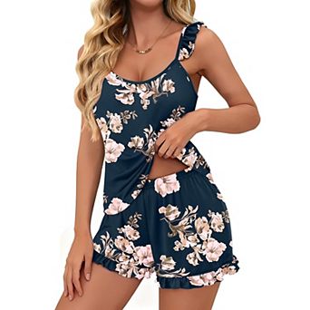 Ekouaer Pajama Set Two Piece Summer Pajamas Soft Lingerie Ruffle Cami and Shorts Bridal Pj