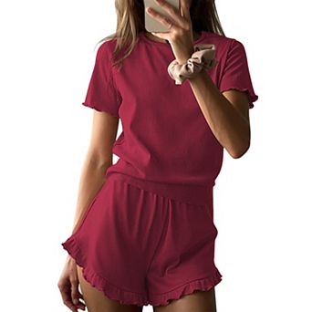 Ekouaer Ribbed Knit Lounge Sets Summer Short Sleeve Pajama Set Soft Pj Ruffle Pjs Loungewear