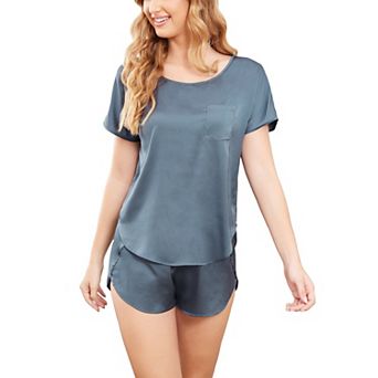 Ekouaer Women Satin Pajama Set Short Sleeve Lightweight Silk Two Piece Lounge Sets with Shorts