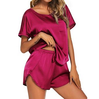 Ekouaer Women Satin Pajama Set Short Sleeve Lightweight Silk Two Piece Lounge Sets with Shorts