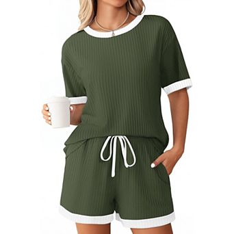 Ekouaer Women Ribbed Pajamas Short Pajama Set Womens Pjs with Pockets