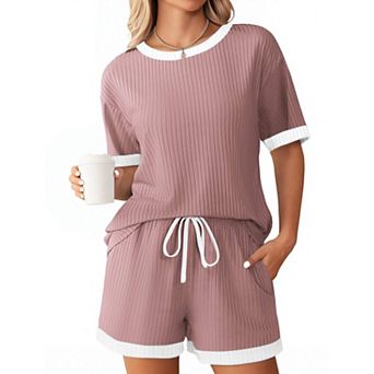 Ekouaer Women Ribbed Pajamas Short Pajama Set Womens Pjs with Pockets