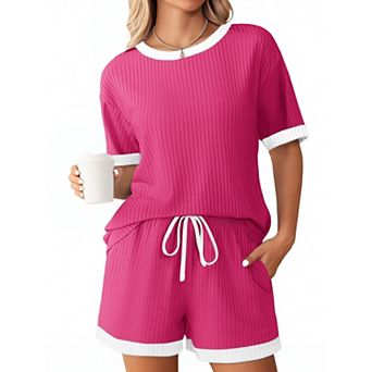 Ekouaer Women Ribbed Pajamas Short Pajama Set Womens Pjs with Pockets