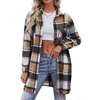 Zeagoo Womens Flannel Plaid Shacket Jacket Casual Lapel Button Down Tartan Trench Coat