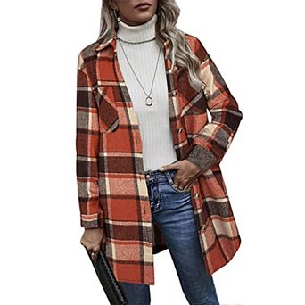 Zeagoo Womens Flannel Plaid Shacket Jacket Casual Lapel Button Down Tartan Trench Coat