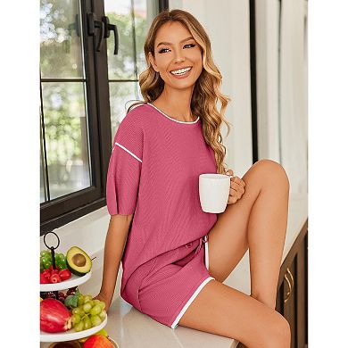 Ekouaer Womens Knit Two Piece Short Sets Summer Lounge for Women Oversized Mtching Clothing