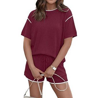 Ekouaer Womens Knit Two Piece Short Sets Summer Lounge for Women Oversized Mtching Clothing