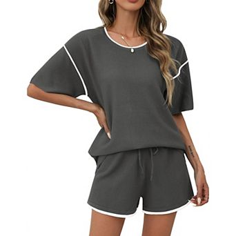 Ekouaer Womens Knit Two Piece Short Sets Summer Lounge for Women Oversized Mtching Clothing