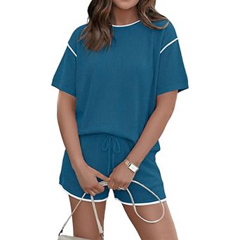 Ekouaer Womens Knit Two Piece Short Sets Summer Lounge for Women Oversized Mtching Clothing