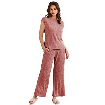 Ekouaer Pajama Sets for Women Two Piece Casual Pj Set Rib Knit Cap Sleeve Soft Sleepwear