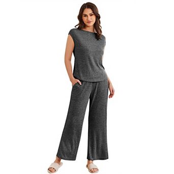 Ekouaer Pajama Sets for Women Two Piece Casual Pj Set Rib Knit Cap Sleeve Soft Sleepwear