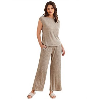 Ekouaer Pajama Sets for Women Two Piece Casual Pj Set Rib Knit Cap Sleeve Soft Sleepwear