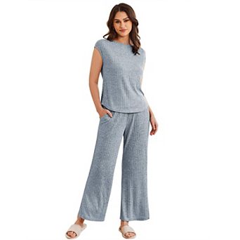 Ekouaer Pajama Sets for Women Two Piece Casual Pj Set Rib Knit Cap Sleeve Soft Sleepwear