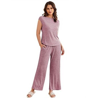 Ekouaer Pajama Sets for Women Two Piece Casual Pj Set Rib Knit Cap Sleeve Soft Sleepwear
