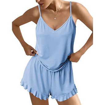 Ekouaer Womens Cami Pajama Sets V Neck PJs Soft Lingerie Two Piece Tank Top with Ruffle Shorts