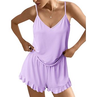 Ekouaer Womens Cami Pajama Sets V Neck PJs Soft Lingerie Two Piece Tank Top with Ruffle Shorts
