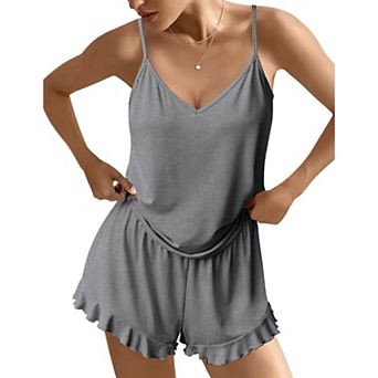 Ekouaer Womens Cami Pajama Sets V Neck PJs Soft Lingerie Two Piece Tank Top with Ruffle Shorts