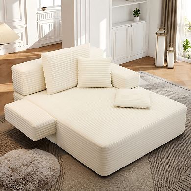 Lufeiya Convertible Plush Corduroy Chaise Lounge Sofa Bed with 3 Pillows, Spring Cushion