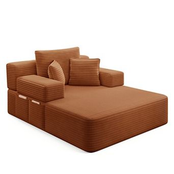 Lufeiya Convertible Plush Corduroy Chaise Lounge Sofa Bed with 3 Pillows, Spring Cushion