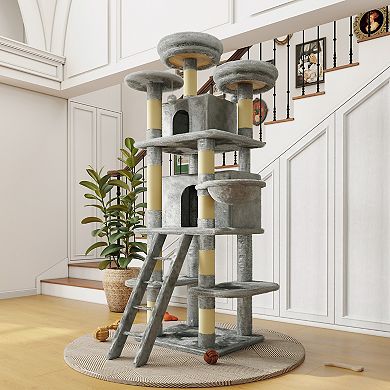 Heybly 70.87" Large Multi-Level Cat Tree for Indoor Cats with 2 Condos, 3 Perches, Hammock