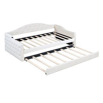 Lufeiya Twin Upholstered Daybed with Trundle, Tufted Velvet Sofa with USB Type-C Charging Ports