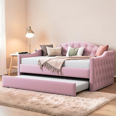 Lufeiya Twin Upholstered Daybed with Trundle, Tufted Velvet Sofa with USB Type-C Charging Ports