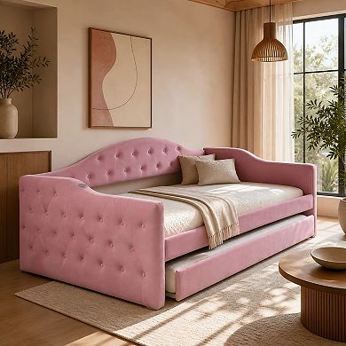 Lufeiya Twin Upholstered Daybed with Trundle, Tufted Velvet Sofa with USB Type-C Charging Ports